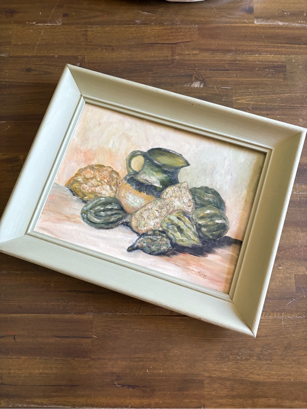 Vintage Original Oil Painting Signed Still Life Pitcher Green Country Folk Art